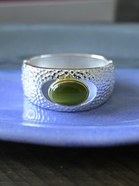 Silver Textured Cuff Bracelet with Olive Green Stone